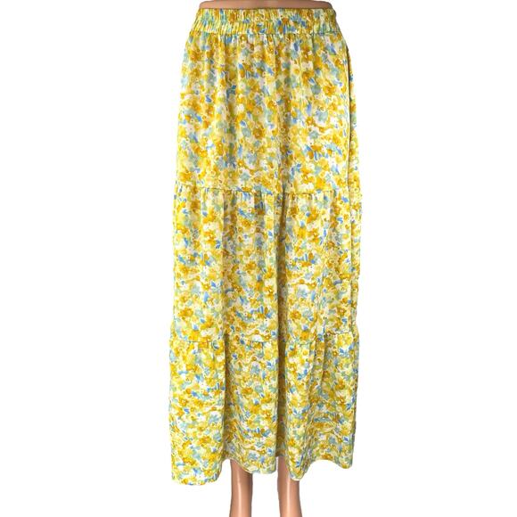 Shein Yellow Floral Tiered Cottage Peasant Pull On A Line Maxi Skirt Size 6 - Picture 1 of 5